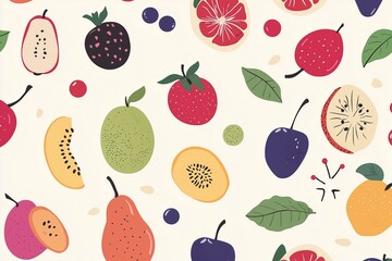 Seamless pattern of cute fruits in a simple flat illustration, featuring vector art with clean lines and vibrant colors on a white background, hand-drawn doodle style