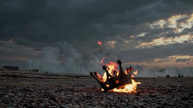 Metal crown engulfed in flames on a rocky surface, set against a dramatic sunset with dark clouds and distant smoke, symbolizing the fall of a kingdom