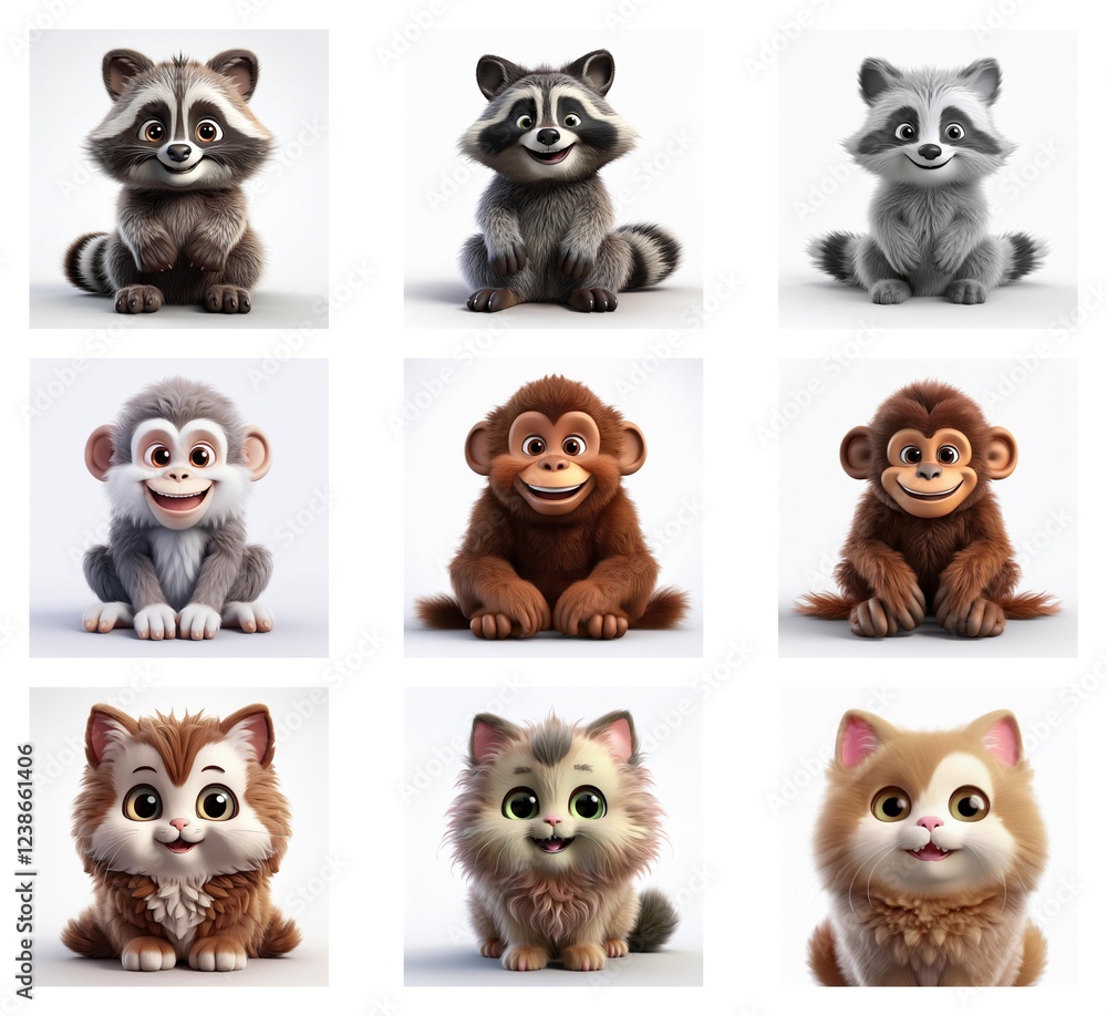 Poster nine adorable cartoon animals: raccoons and monkeys in different color variations, plus fluffy kitte