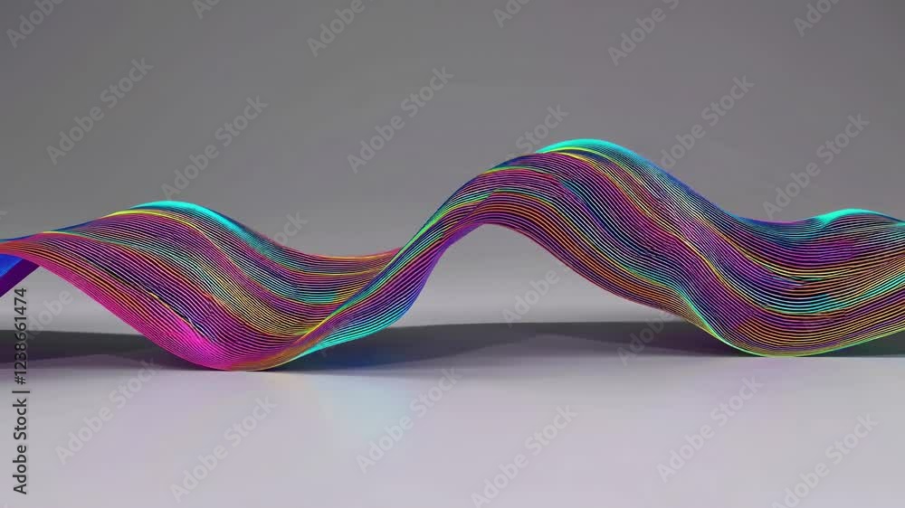 Poster rainbow colored wavy lines are flowing smoothly in a 3d space, creating a visually appealing abstrac