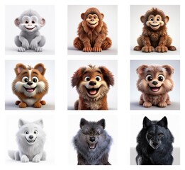 Nine adorable cartoon animals: monkeys and dogs in various colors and fur textures.  They sit and smile, displaying playful expressions.