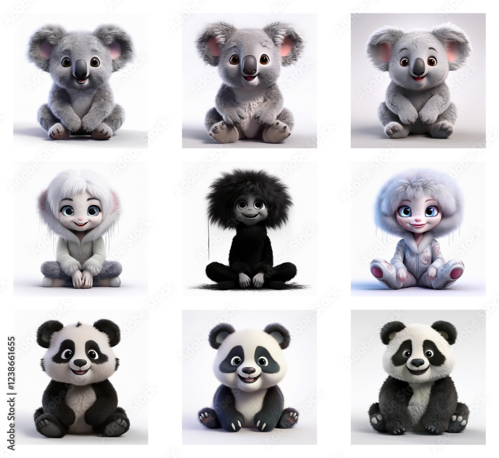Poster adorable 3d rendered baby animals. koalas and pandas in various poses and styles, showcasing cute ex