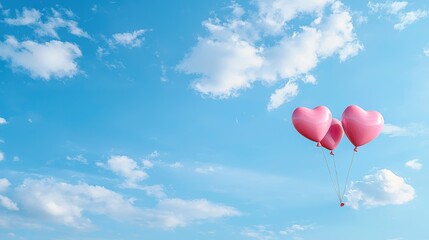 Fototapeta premium Two pink balloons floating against a bright blue sky with soft white clouds