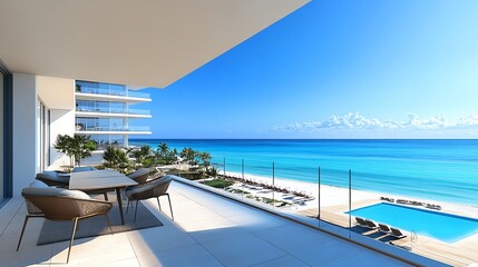 Fototapeta premium Balkon nad morzem, luksusowy apartament przy plaży, ilustracja 3D
