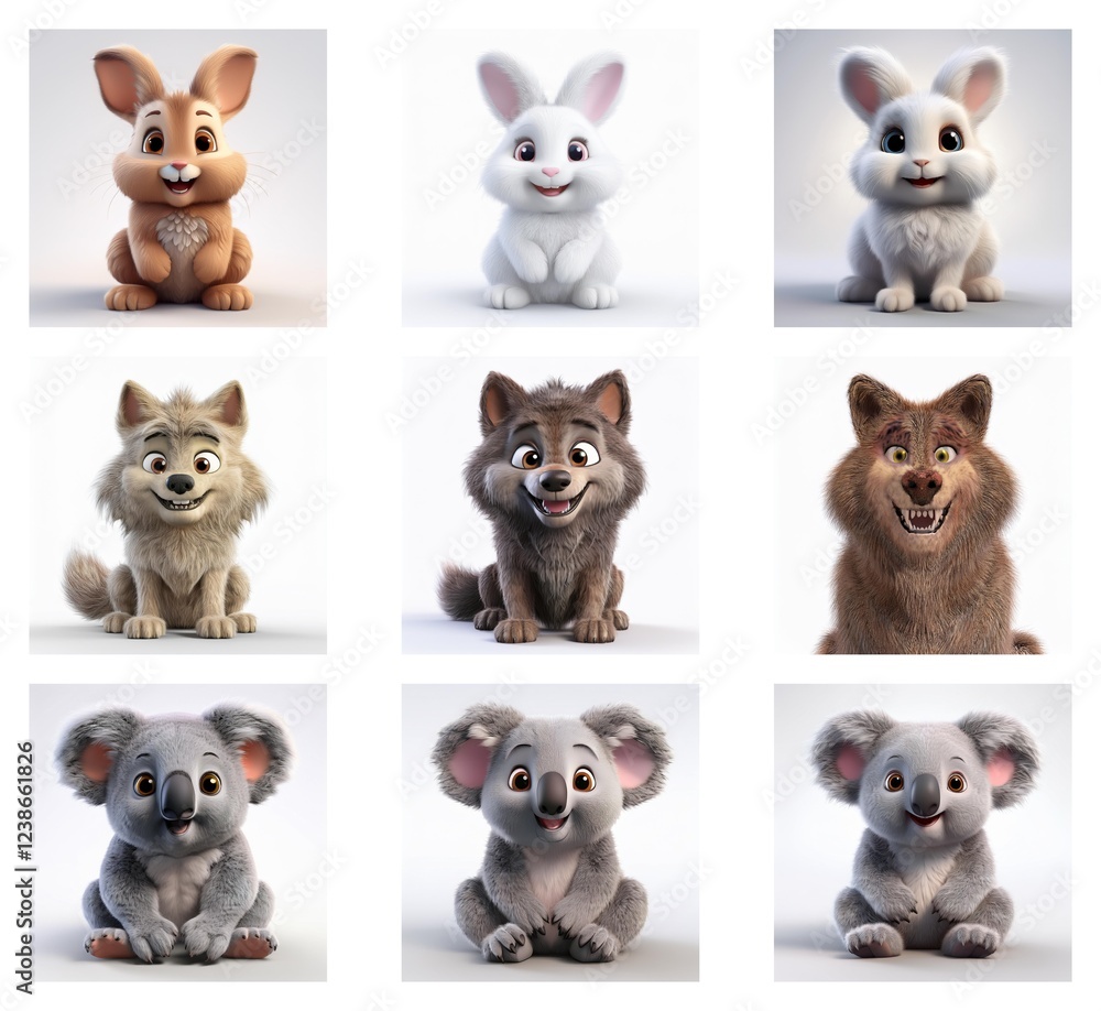 Poster adorable cartoon animals in a grid: rabbits, wolves and koalas. variations in fur color and expressi