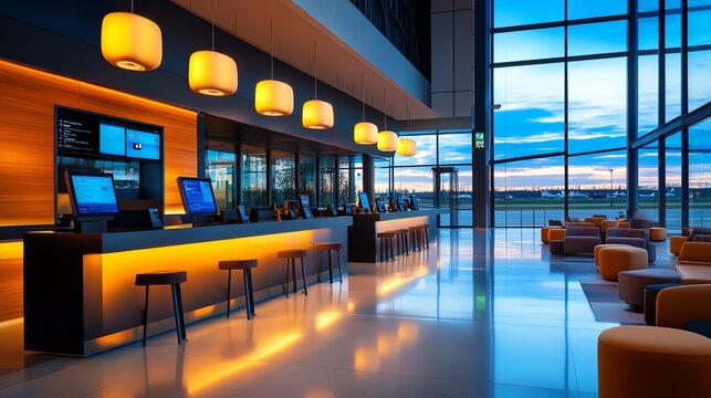 Sleek and modern airport hotel lobby with digital checkin kiosks, smart lighting, and functional design