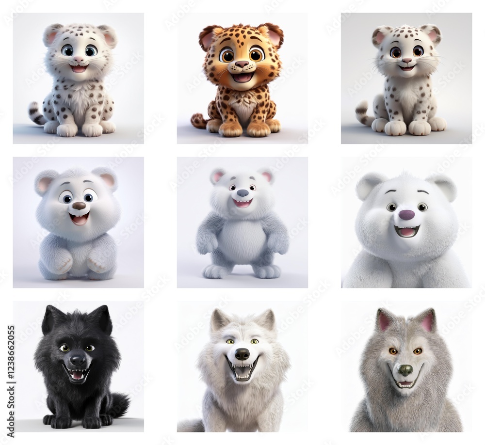 Poster nine adorable cartoon cubs and wolves. various poses and expressions showcase these charming, fluffy