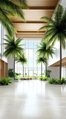 Fototapeta premium A tropical resort hotel lobby with openair concept, palm trees, and natural wood finishes, hyperdetailed, isolated on white background