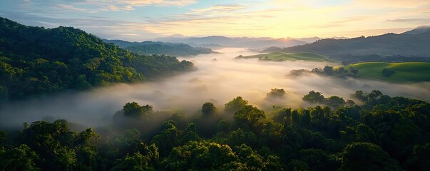Morning mist nature concept. A serene landscape with misty hills and lush green trees under a morning sky.