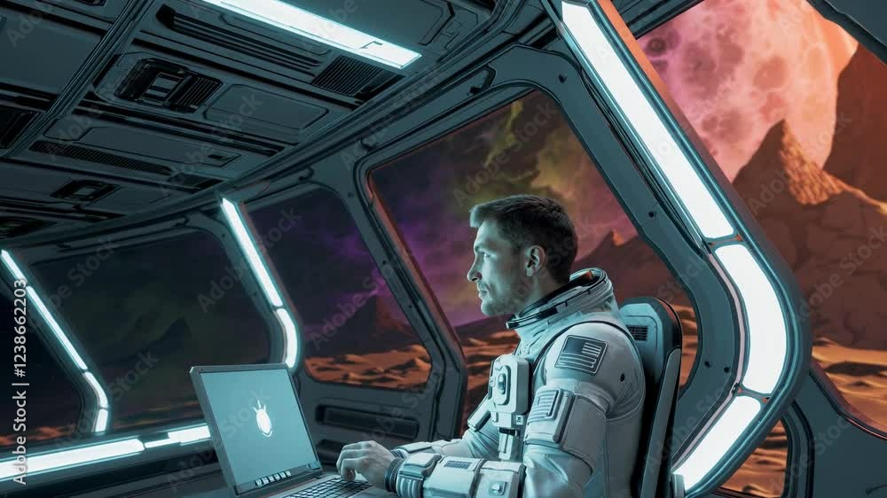 Poster astronaut sits working on a laptop in a control room inside of a futuristic spaceship with glowing p
