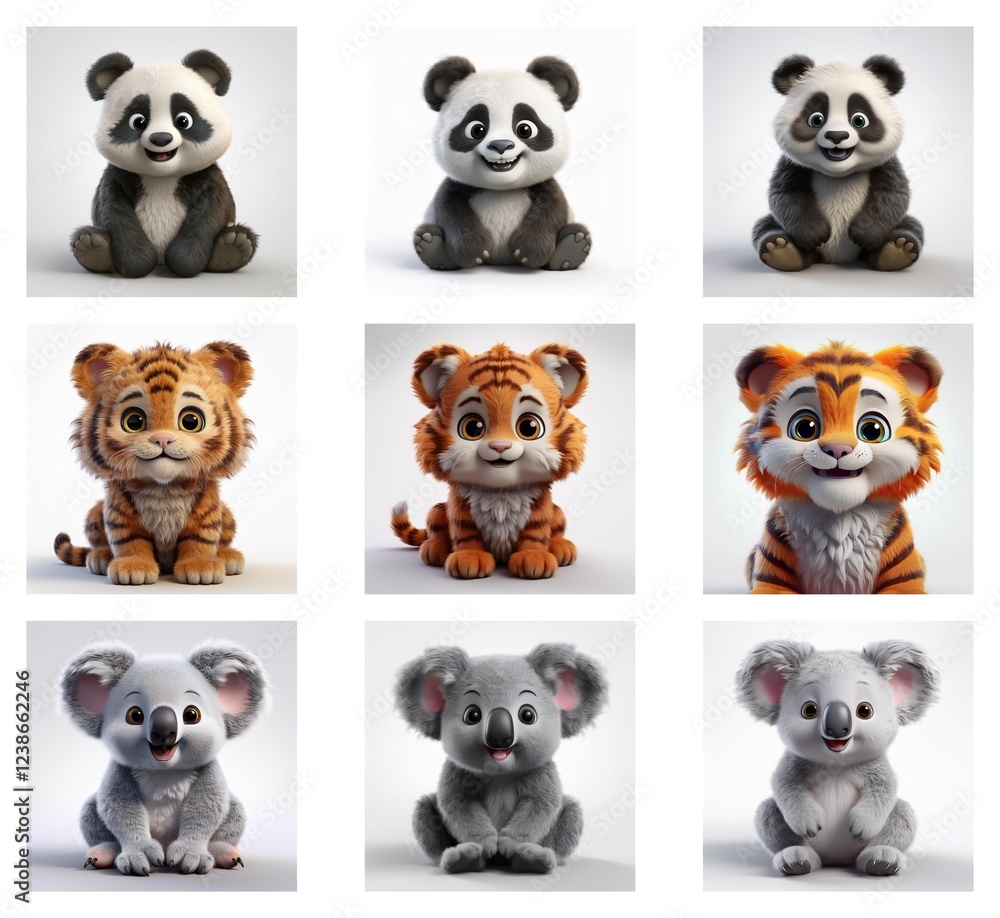 Poster nine adorable cartoon renderings of pandas, tigers, and koalas. each animal is depicted in a sitting