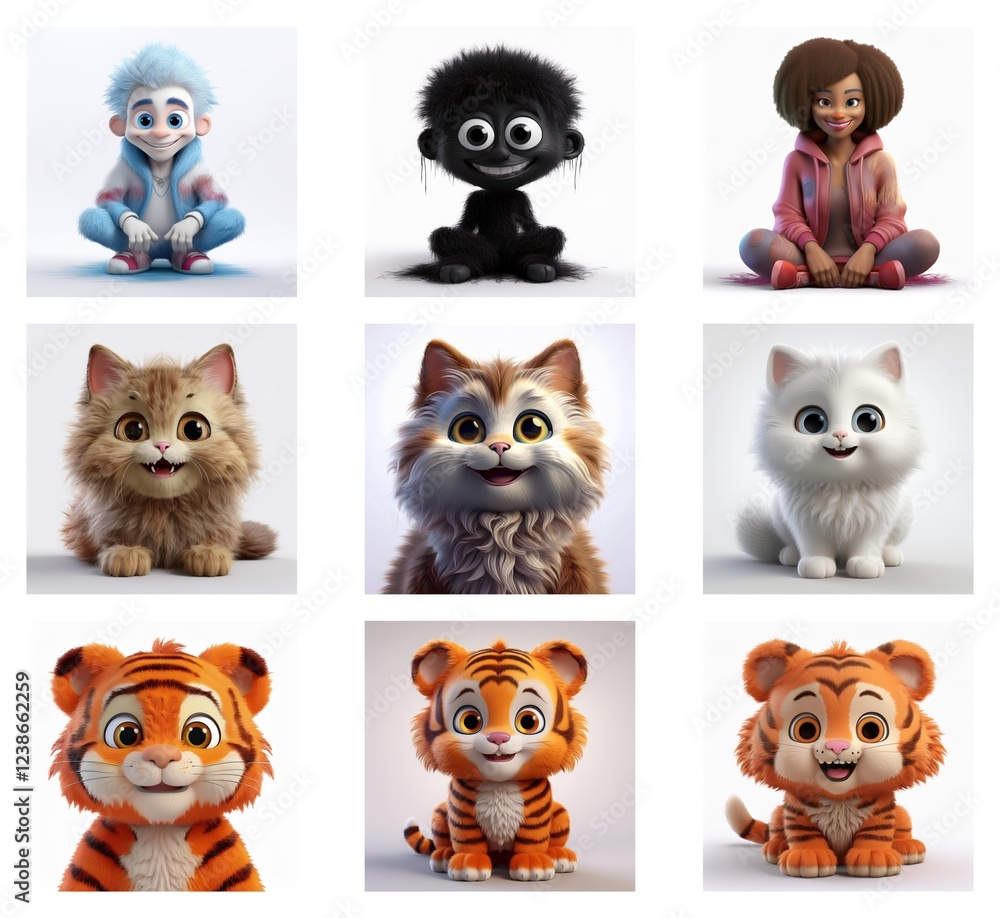 Poster A grid showcasing charming 3D-rendered characters, including humanoids and adorable animals like cats and tigers, each with unique expressions and poses.  They are stylized and appealing.