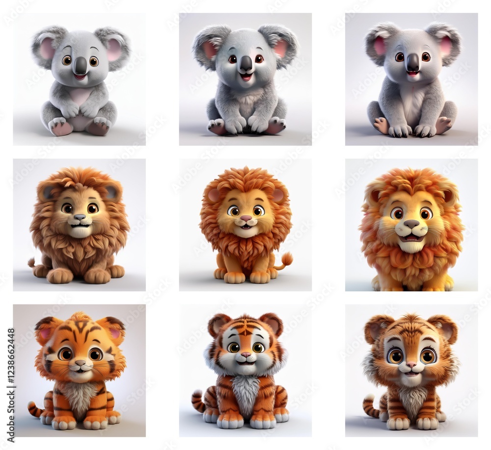 Poster adorable 3d renderings of baby koalas, lions, and tigers. each animal is depicted in triplicate with