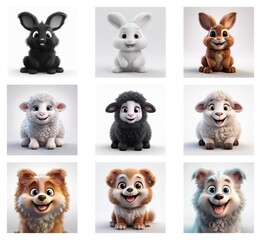 Nine adorable 3D rendered baby animals: bunnies in black, white, and brown; lambs in white and black; and puppies in brown, light brown, and white.  Each is presented on a simple background.