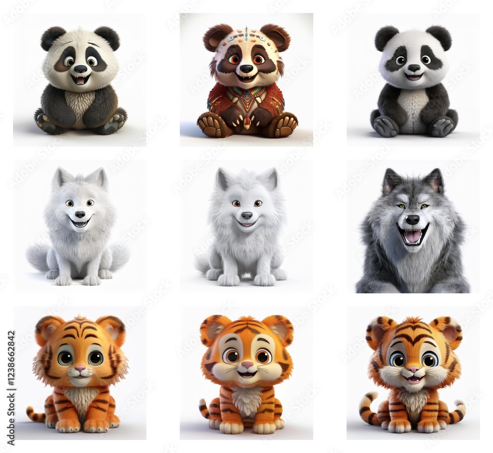 Poster adorable 3d rendered animals: pandas, arctic foxes, and tigers in various poses and color variations