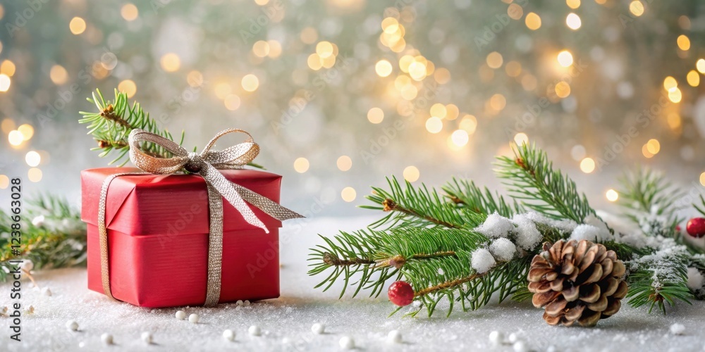 Poster a festive red gift box with a gold ribbon, adorned with snowy evergreen branches and a pine cone, si