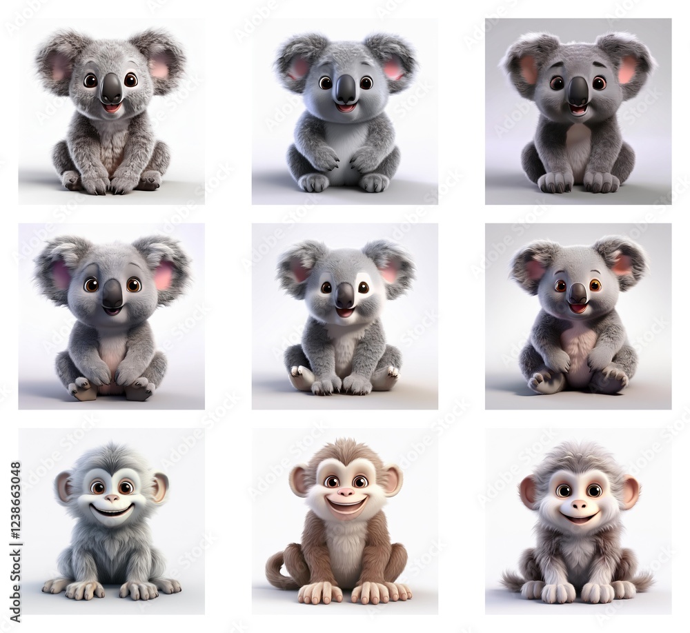 Poster nine adorable digital renders: six fluffy koala cubs and three playful monkey cubs, each with unique
