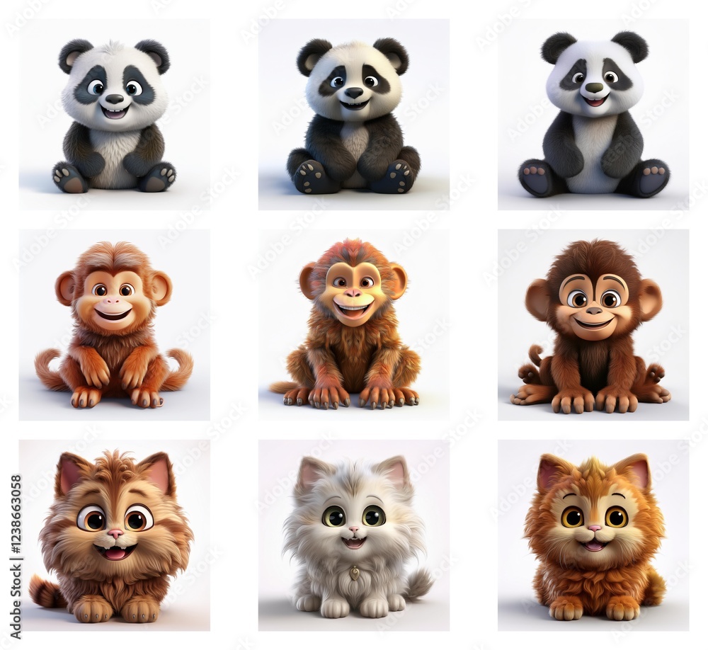 Aufkleber nine adorable cartoon animals: three pandas, three monkeys, and three fluffy kittens, each in a slig