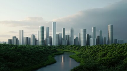 Obraz premium Modern Cityscape Surrounded by Lush Green Nature and River