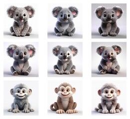 Obraz premium Nine adorable digital renders: six fluffy koala cubs and three playful monkey cubs, each with unique expressions. They sit against a neutral background.