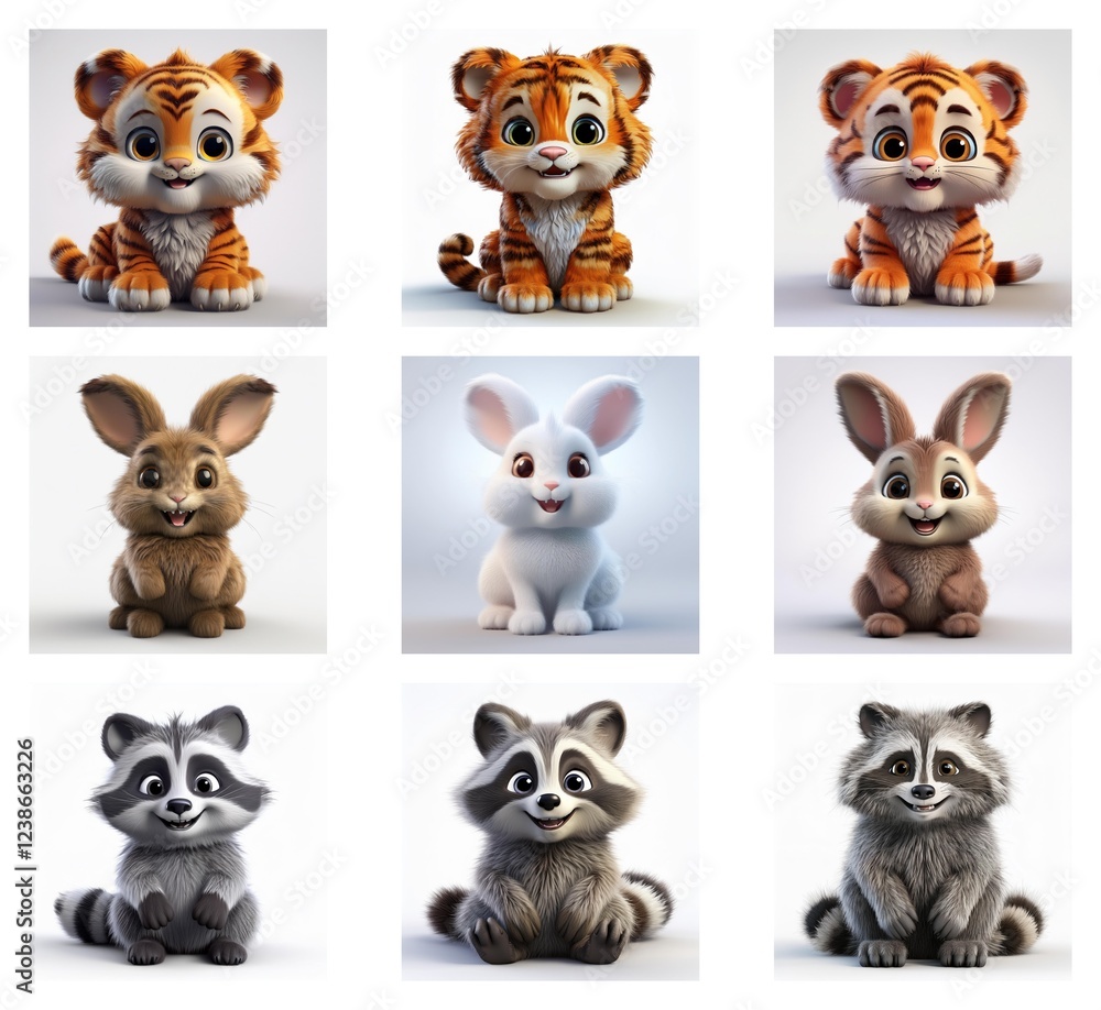 Poster adorable cartoon tiger, rabbit, and raccoon cubs in a 3x3 grid. each animal is depicted in three dif