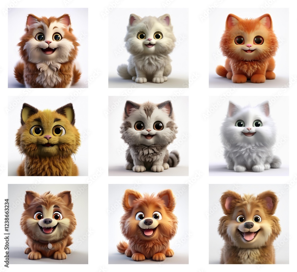 Aufkleber adorable 3d renderings of fluffy kittens and puppies in various colors, sitting and smiling. their s