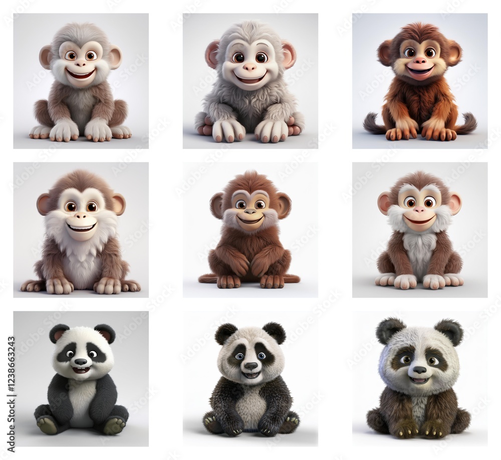 Poster nine adorable 3d renderings: six playful monkey cubs in varying fur shades, and three charming panda