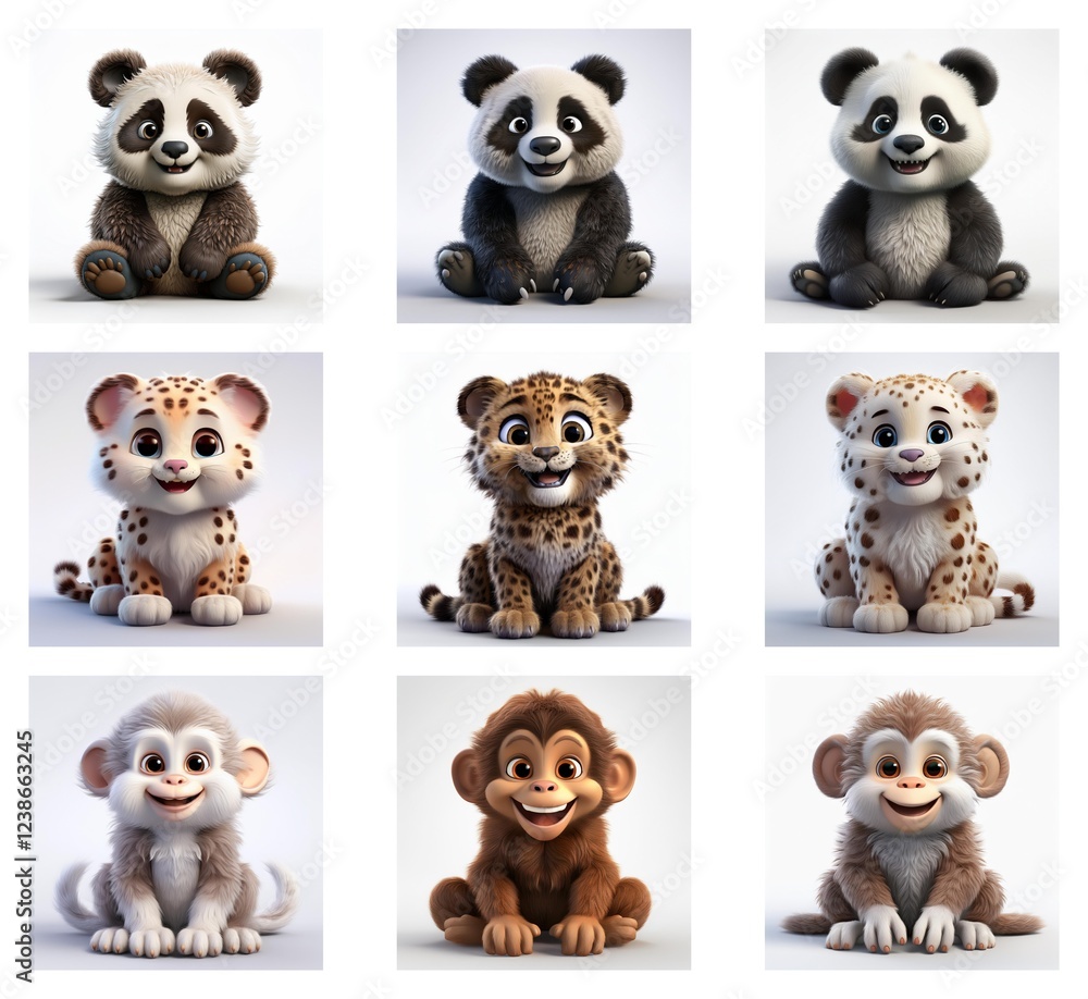 Aufkleber Adorable 3D renderings of baby pandas, cheetahs, and monkeys in various poses.  Each animal is depicted in three different color variations.