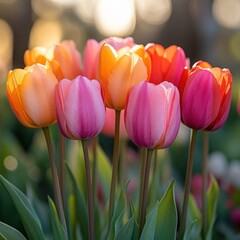 Close-up of vibrant pink, orange, and peach tulips in soft sunlight.