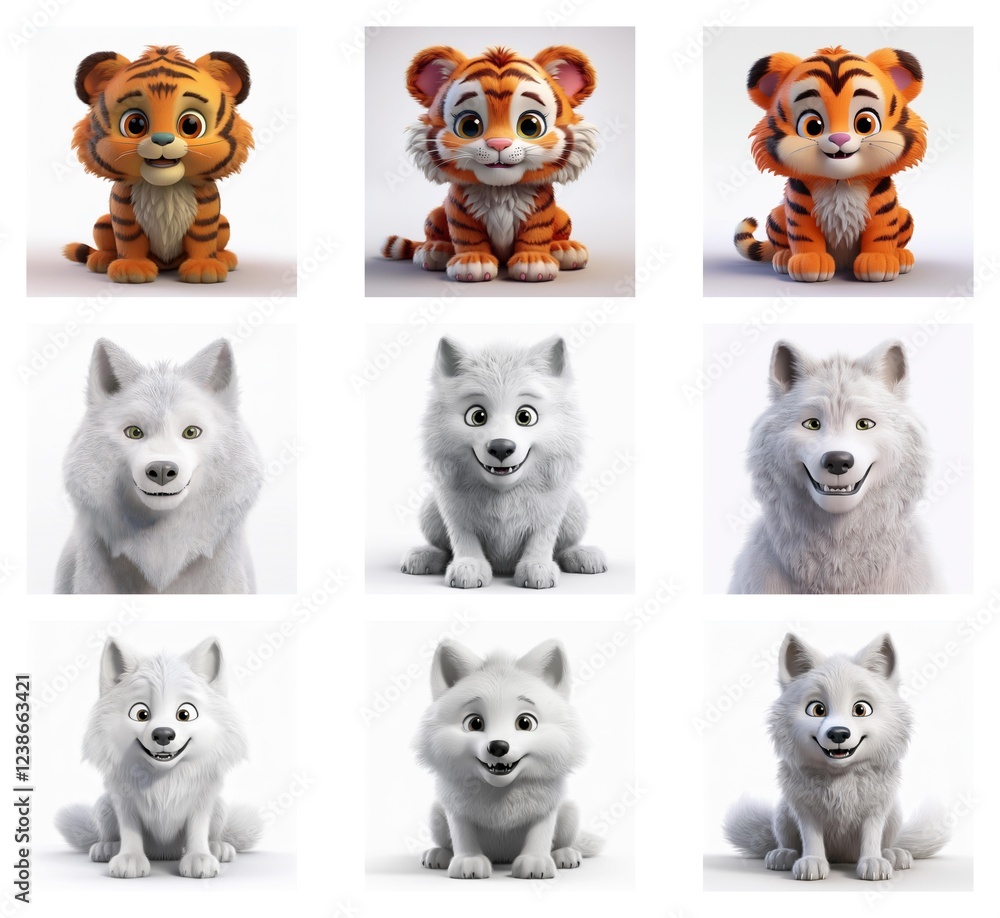 Poster nine adorable 3d rendered images showcasing the progress of creating cute cartoon tiger and wolf mod