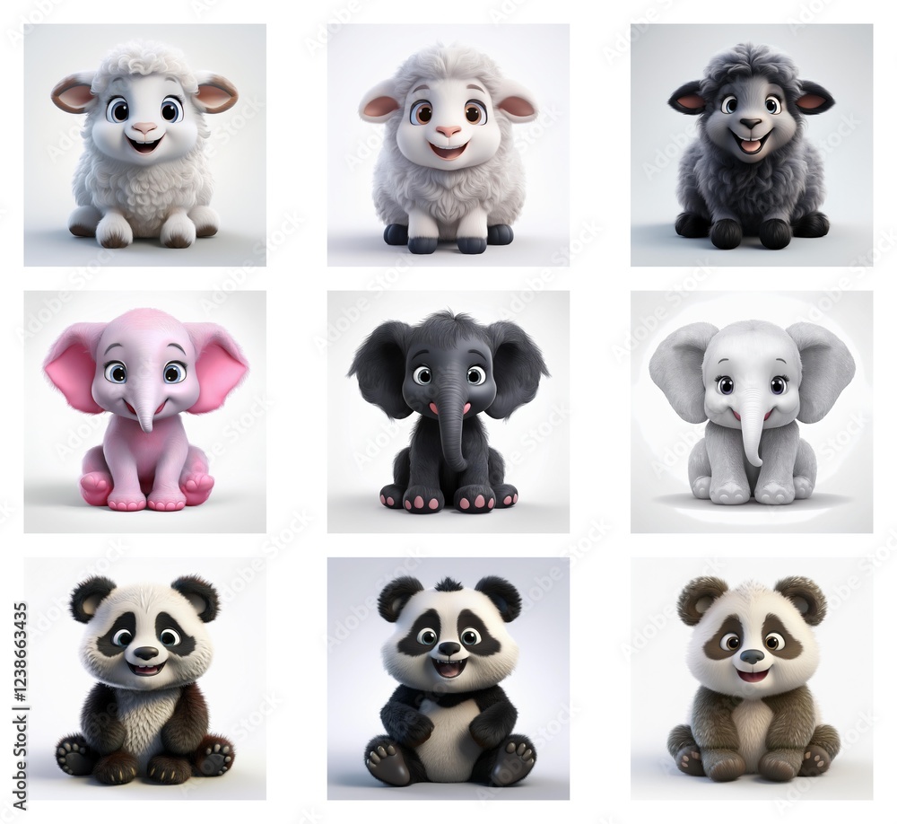 Poster adorable 3d renderings of baby sheep, elephants, and pandas in various colors. each animal sits and 