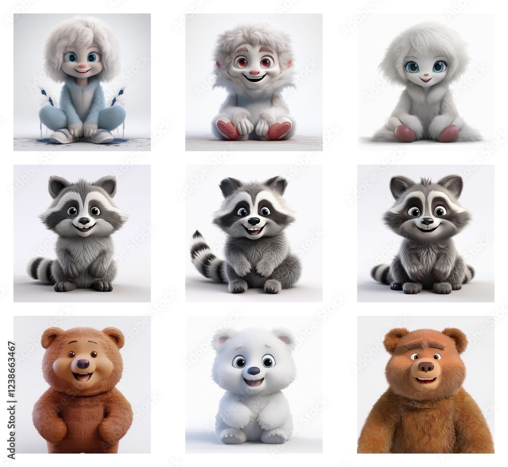 Poster nine adorable 3d-rendered animal characters. three variations each of fluffy creatures: snow creatur
