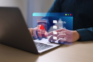 Spam SMS, Fake messages from scammers, Red Alert hacking system, Email hacking, Fraudulent malware spreading viruses on virtual alert messages on laptop screens