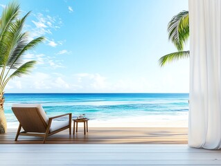 Fototapeta premium A beachside apartment balcony with wooden deck, white curtains, and a view of ocean waves, ultraHD, isolated on white background