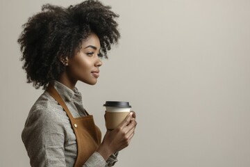 Barista holding coffee cup in apron side view for cafe culture and marketing concepts