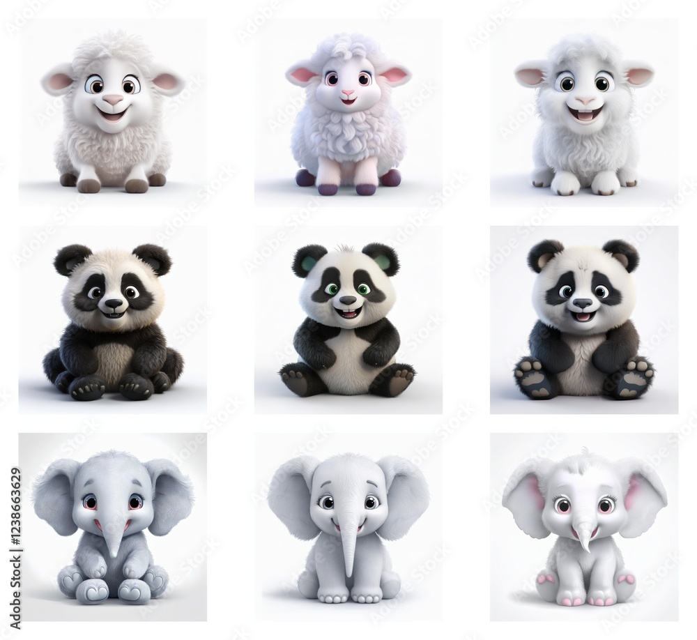 Poster adorable cartoon animals: three fluffy lambs, three playful pandas, and three cute elephants. each a
