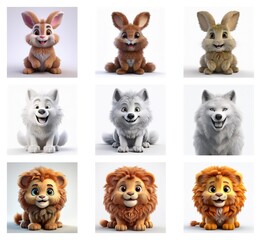 A grid showcasing three variations of 3D rendered cartoon animals: rabbit, wolf, and lion cub.  Each animal is shown in different stages of color and fur texture.