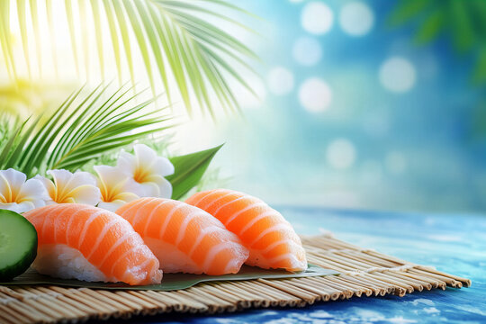 Fresh sushi rolls with salmon and cucumber on a bamboo mat, surrounded by tropical greenery, captured in vibrant natural light, perfect for Japanese cuisine themes, healthy eating concepts, or summer 