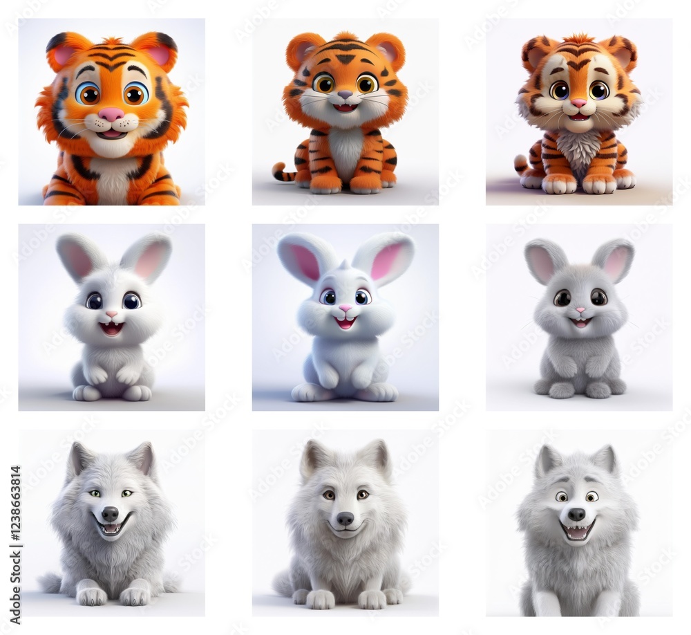 Poster adorable cartoon renderings of tiger cubs and bunnies in variations of color and pose, alongside thr
