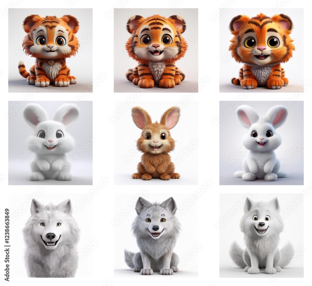 Poster adorable cartoon renderings of tiger cubs and bunnies, showcasing variations in color and expression