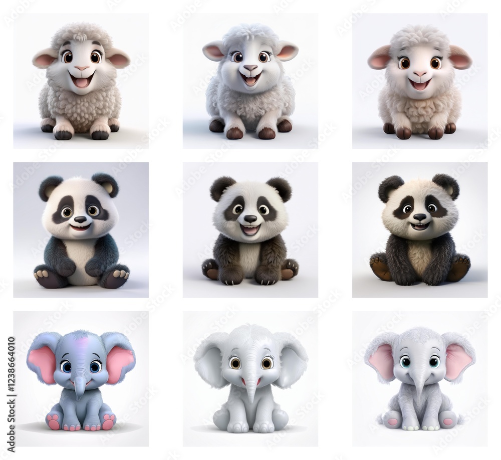 Poster Adorable 3D render of baby sheep, pandas, and elephants sitting.  Variations in pose and expression create a charming collection.