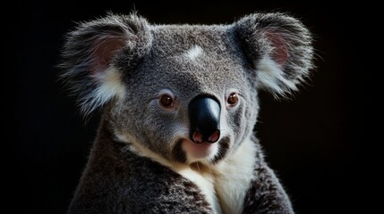 Fototapeta premium Enchanting koala face illuminated against a dark backdrop, showcasing its soft fur and charm