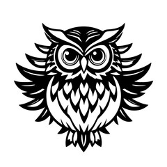Majestic Owl: Black and White Vector Illustration of a Wise Owl with Ornate Feathers