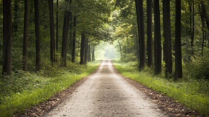Fototapeta premium Forest path leading to sunlight, peaceful nature scene, background trees