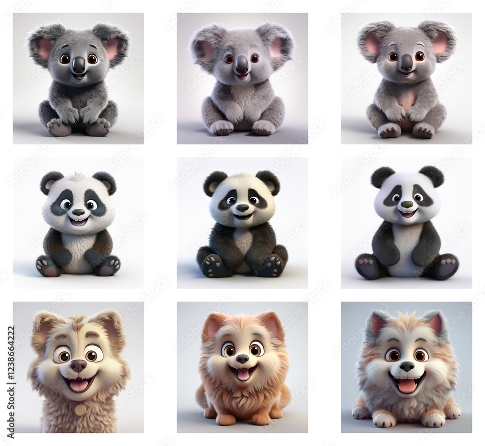 Poster nine adorable cartoon animals: three koalas, three pandas, and three fluffy dogs. each animal is dep