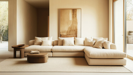 Elegant Simplicity A modern living room design showcasing a large comfortable sectional sofa and minimalist artwork