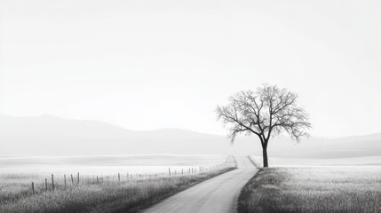 Obraz premium Lone tree on foggy road, rural landscape, calm scene, travel poster