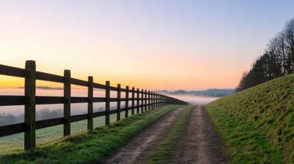 Fototapeta premium Morning mist nature concept. Serene landscape at sunrise with a dirt path and wooden fence, surrounded by misty hills.