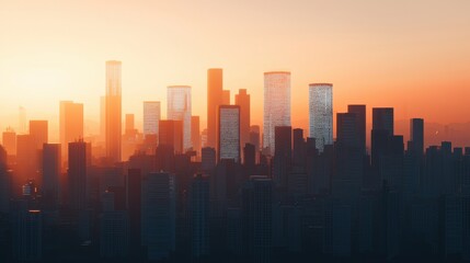 Fototapeta premium Urban skyline at sunset with silhouettes and warm colors