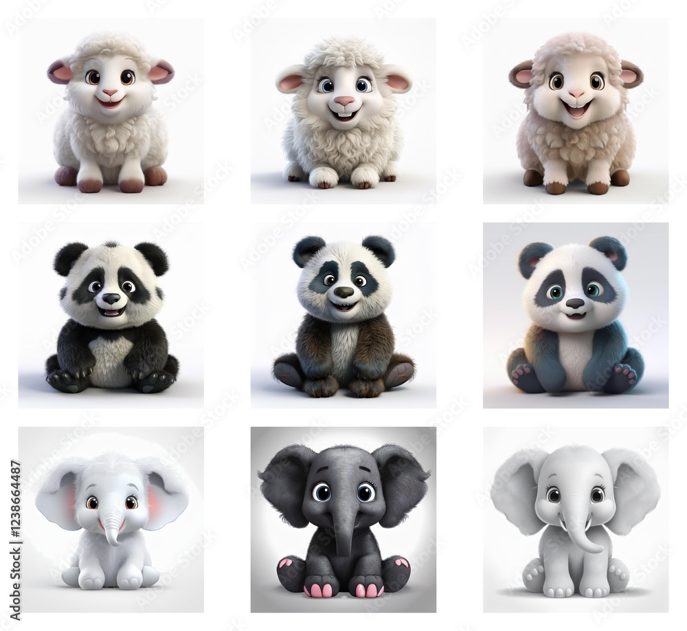 Poster adorable cartoon lambs and pandas and elephants sit on a white background. their expressions are che